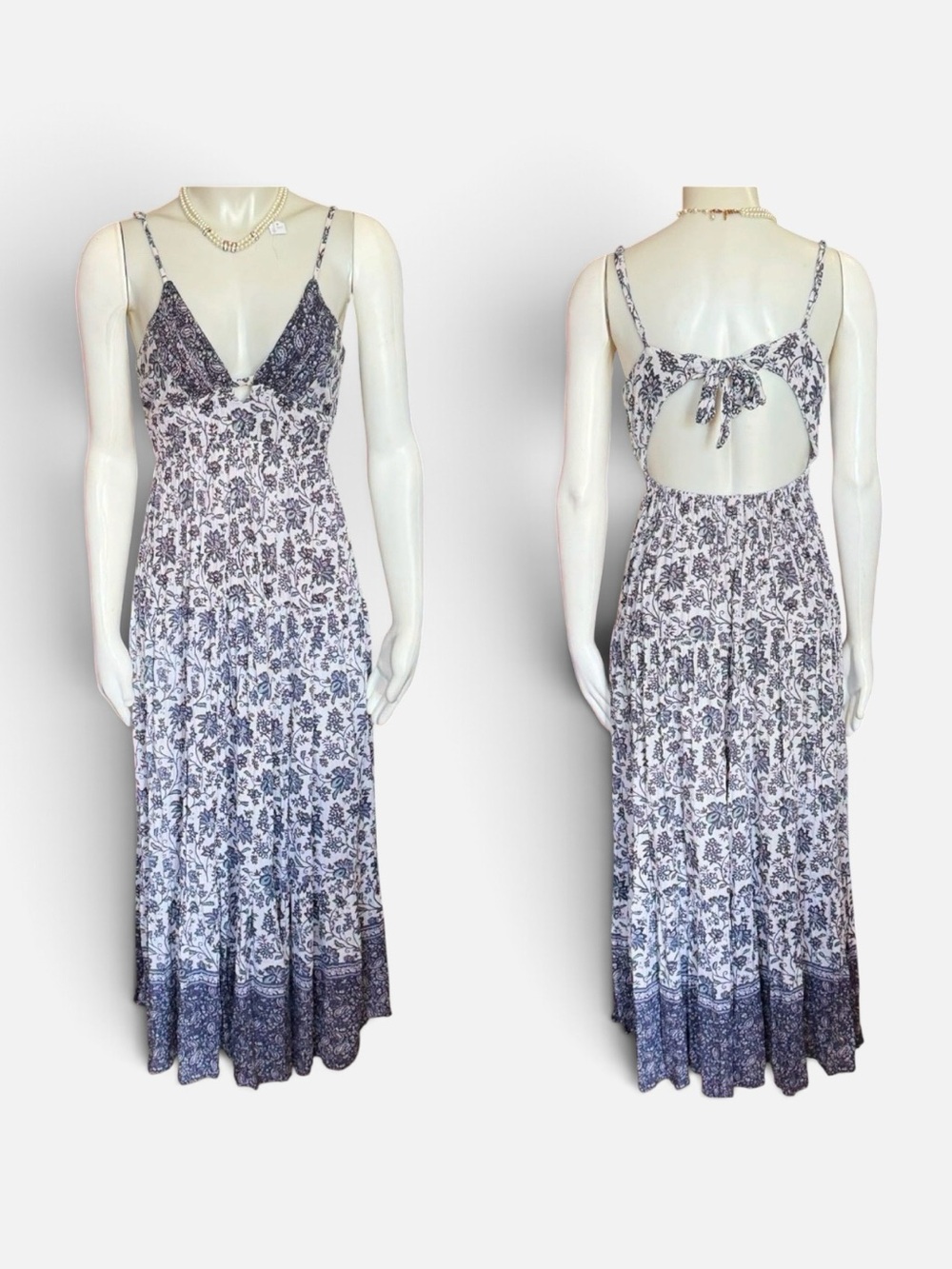 Angie Maxi Floral Dress Sleeveless Open back v-neck Spaghetti Straps Boho M
